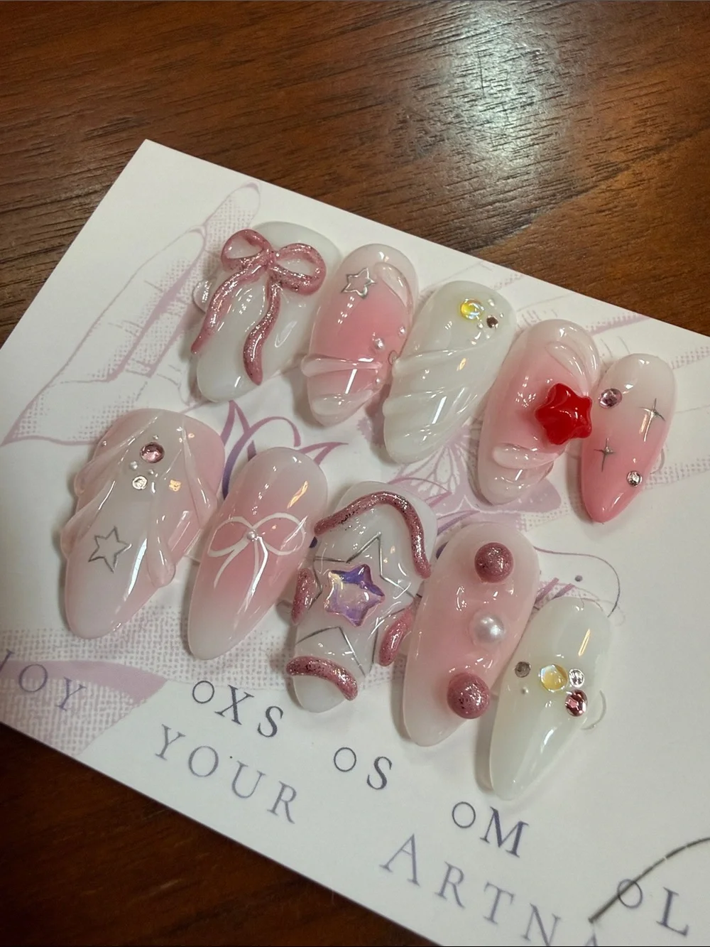 Handmade Pink and White 3D Embellished Press-On Nails with bows Large Almond